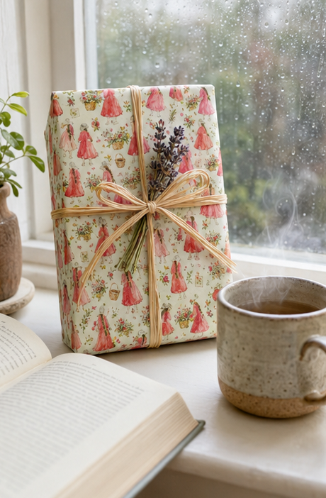 A wrapped gift box with a vintage-style floral print of pink dresses, roses and green foliage, tied with a natural jute twine bow and decorated with dried lavender, sitting on a windowsill next to an open book and a ceramic mug.