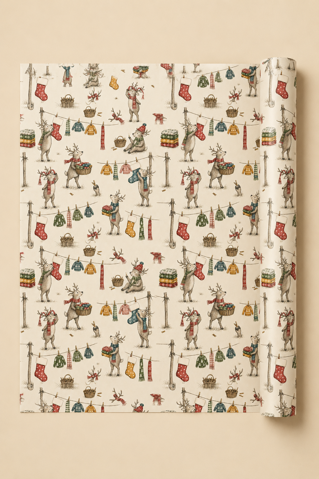 A roll of Christmas wrapping paper showing North Pole reindeer hanging colourful jumpers, scarves and stockings on washing lines with baskets of festive laundry