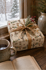 Santa’s transport team tackles washing day in this illustrated reindeer Christmas wrapping paper, complete with Fair Isle jumpers, scarves, stockings, laundry baskets and clotheslines on warm ivory.
