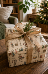 Santa’s transport team tackles washing day in this illustrated reindeer Christmas wrapping paper, complete with Fair Isle jumpers, scarves, stockings, laundry baskets and clotheslines on warm ivory.
