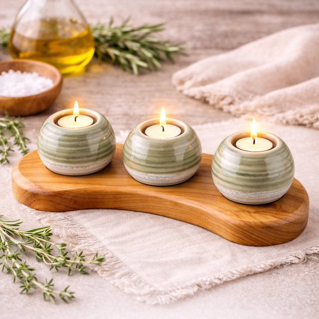 Handcrafted ceramic candle holder set with candles on a wooden holder, surrounded by herbs and a towel.