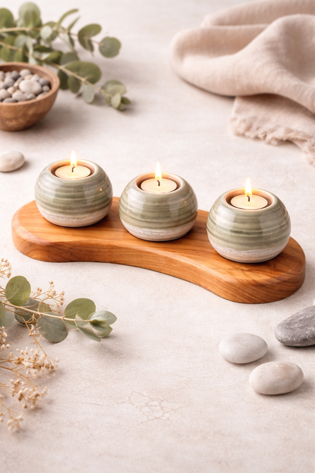 Three ceramic candle holders with lit candles on a wooden stand, surrounded by eucalyptus leaves and stones.