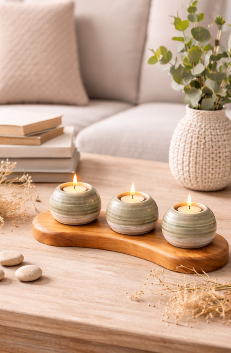  a wooden tray with ceramic candle holders on a table.