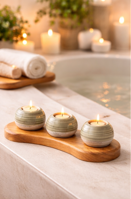 a wooden tray with ceramic candle holders next to bath