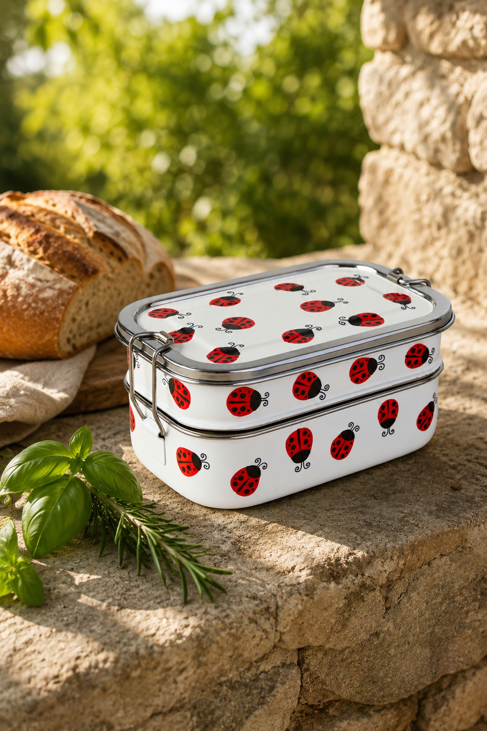 Reusable stainless steel packed lunch box with hand-painted ladybird enamel finish