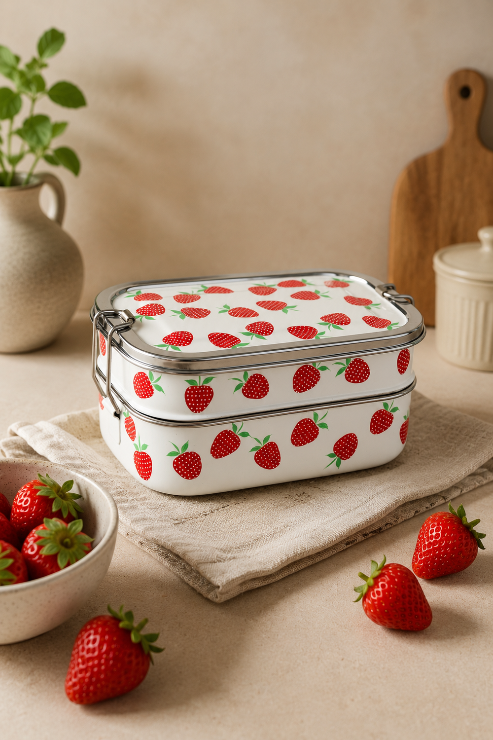 Reusable stainless steel packed lunch box with hand-painted strawberries