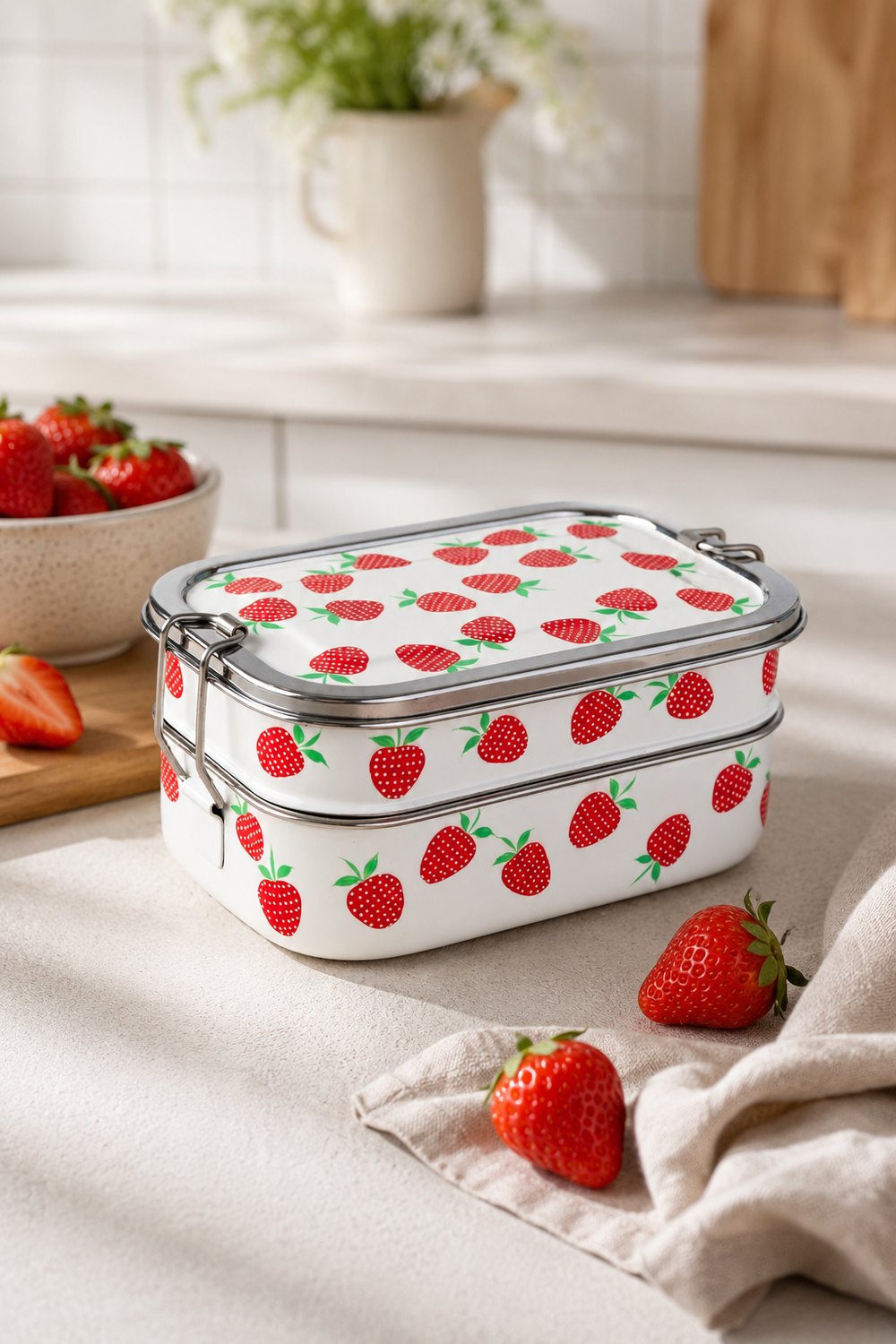 Reusable stainless steel packed lunch box with hand-painted strawberries