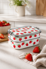 Reusable stainless steel packed lunch box with hand-painted strawberries