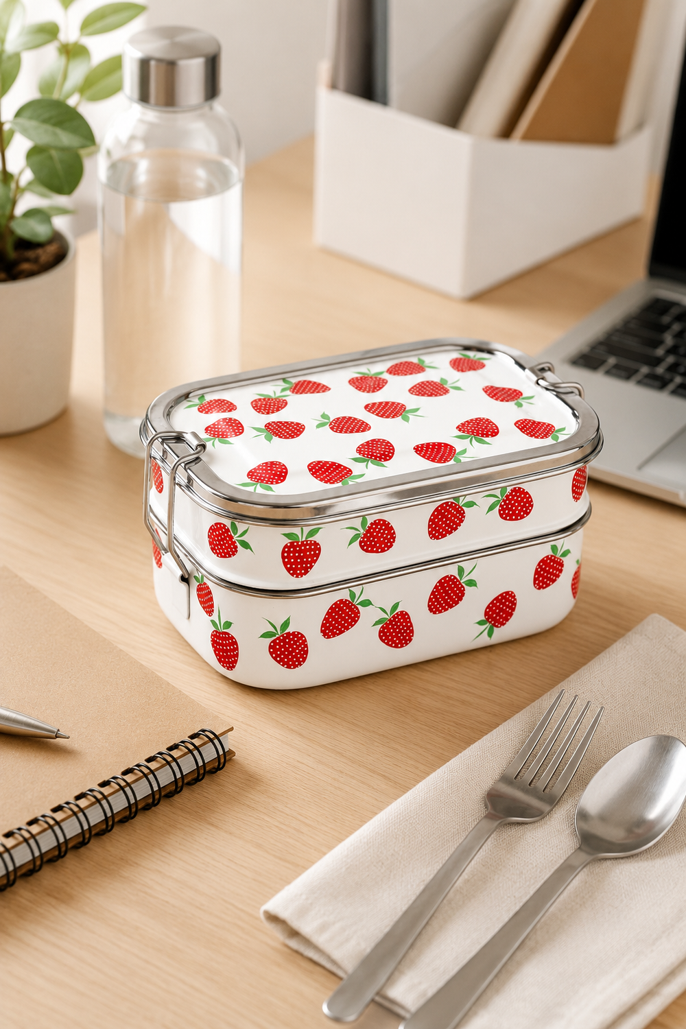 Reusable stainless steel packed lunch box with hand-painted strawberries