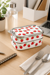 Reusable stainless steel packed lunch box with hand-painted strawberries