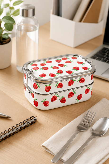 Reusable stainless steel packed lunch box with hand-painted strawberries