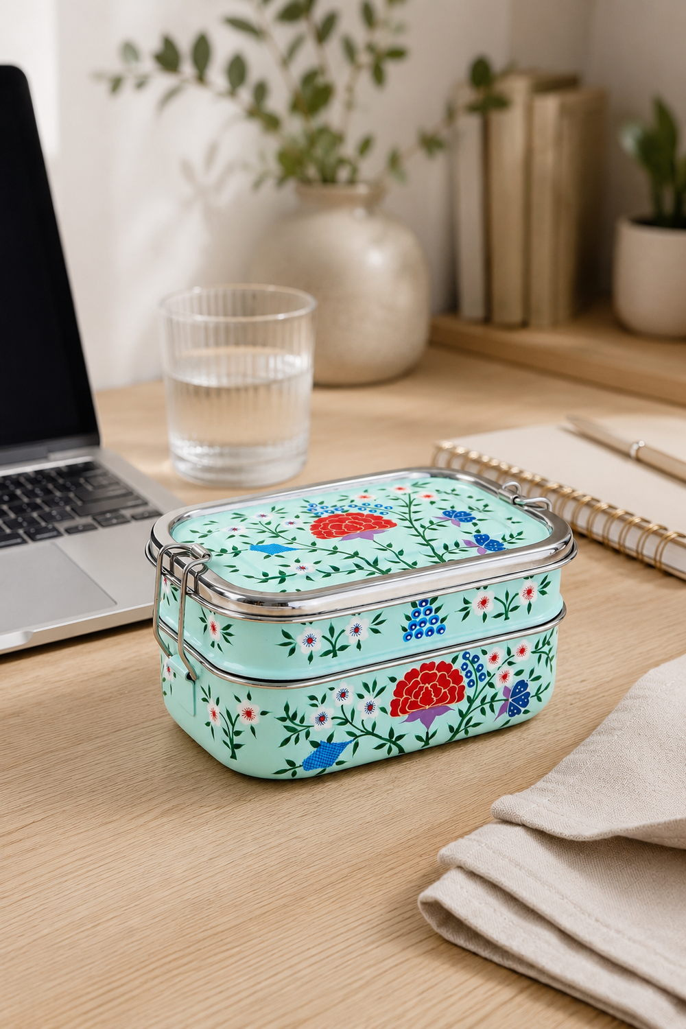 Reusable stainless steel packed lunch box with hand-painted turquoise enamel finish