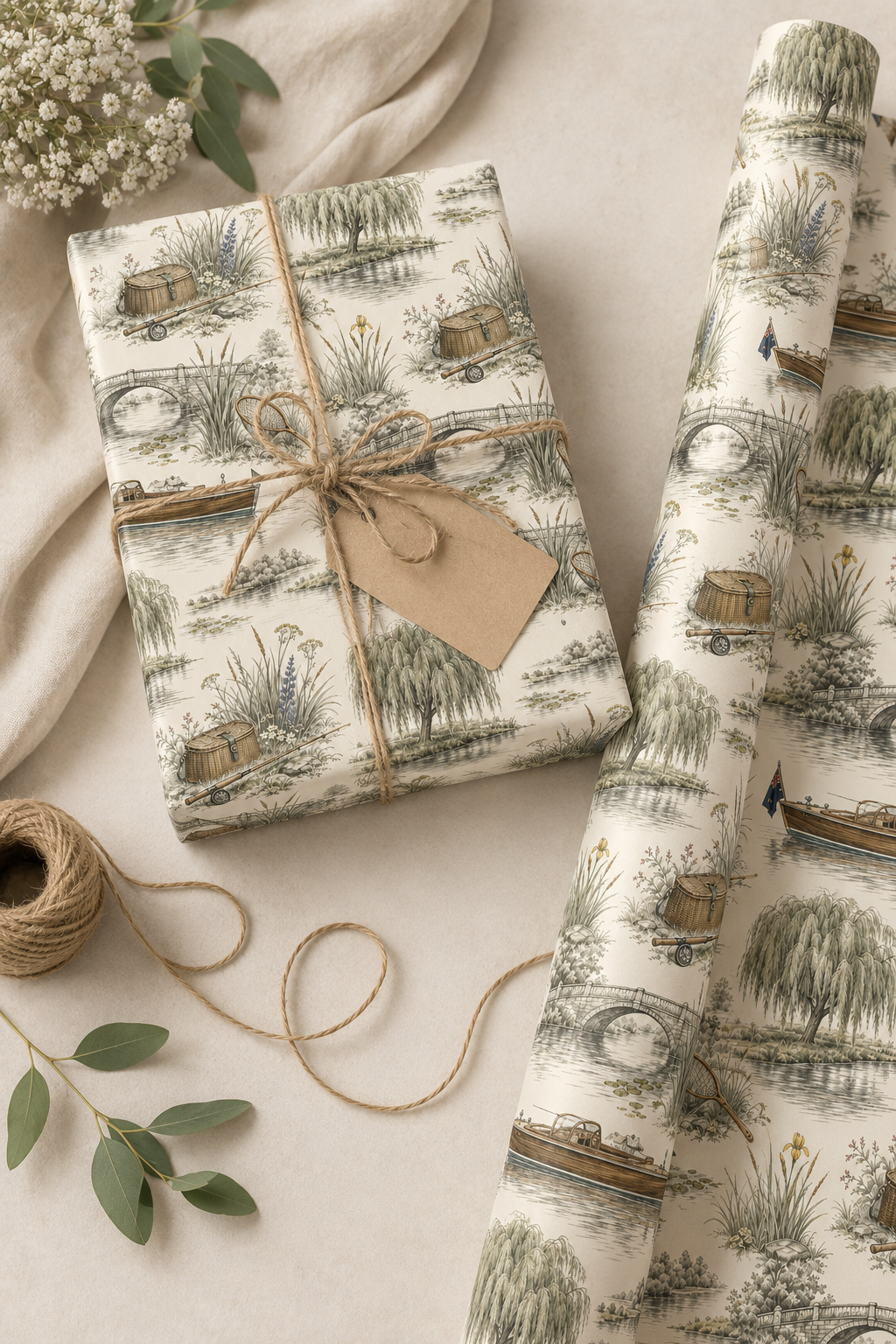 Riverbank wrapping paper with vintage countryside pencil sketch artwork.
