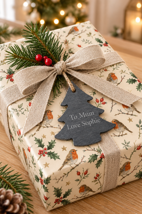 A wrapped Christmas gift box on a wooden surface, covered in cream wrapping paper with a robin and holly print, tied with a beige ribbon and bow, and decorated with a Christmas tree shaped slate gift tag that reads 'To Mum Love Sophie'.