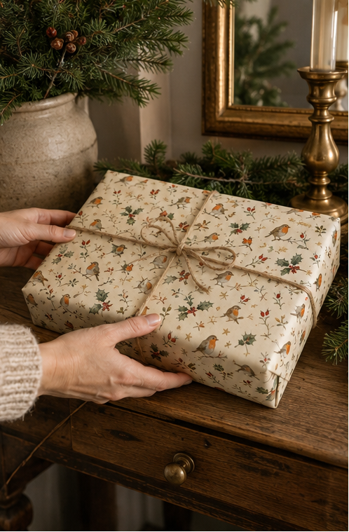 Christmas wrapping paper featuring red-breasted birds perched among holly leaves, red berries, rosehips, leafy sprigs, bare winter twigs and small golden stars. The illustrated repeat uses deep green, berry red, warm brown and soft grey on a warm cream background.