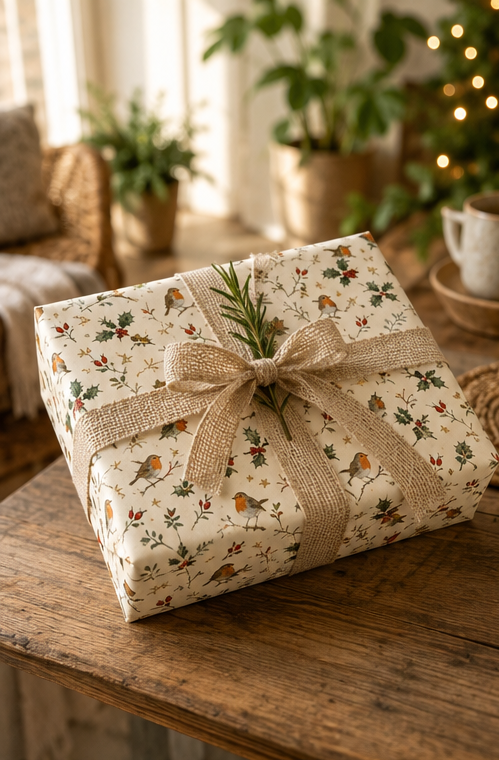 Christmas wrapping paper featuring red-breasted birds perched among holly leaves, red berries, rosehips, leafy sprigs, bare winter twigs and small golden stars. The illustrated repeat uses deep green, berry red, warm brown and soft grey on a warm cream background.