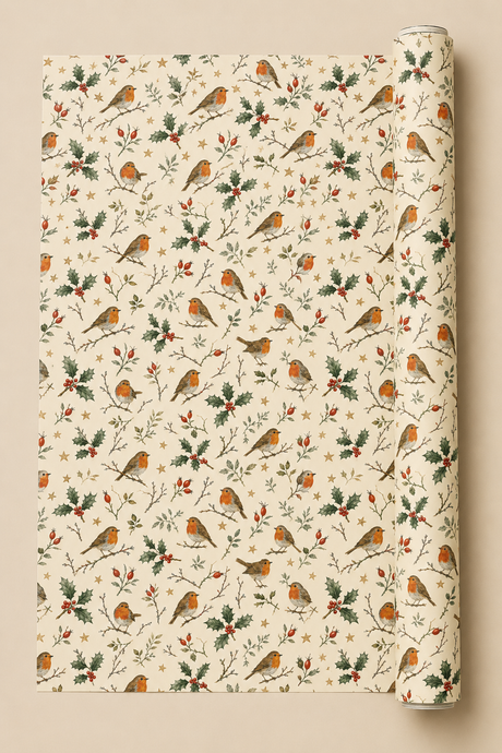 Red-breasted robins perch among glossy holly, rosehips, winter twigs and golden stars in this traditional illustrated Christmas wrapping paper on a warm cream ground.