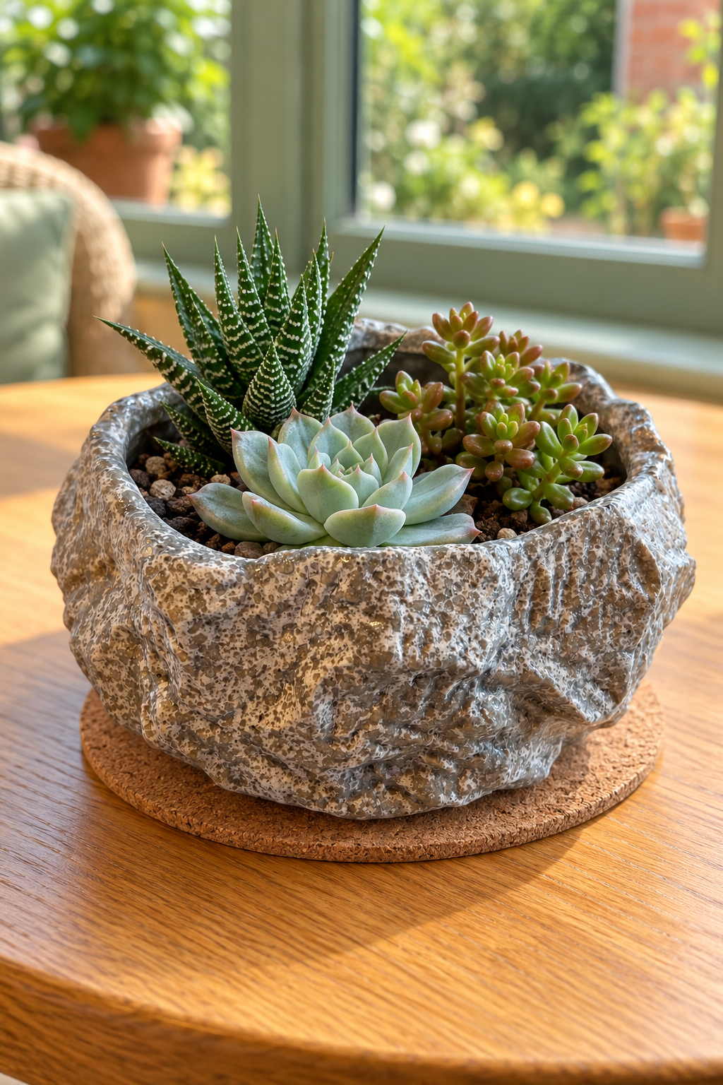 Three miniature succulents in a round rock effect ceramic planter on an oak table beside a sage-green window.