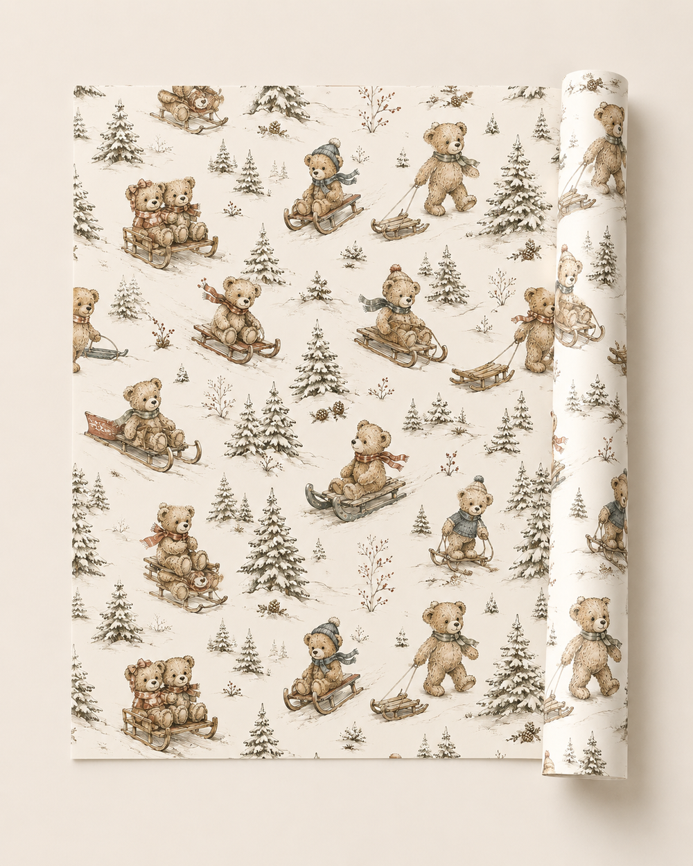 Rolled Christmas teddy bear wrapping paper suitable for children’s gifts and stocking fillers.