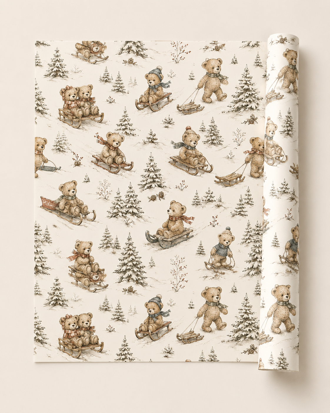 Rolled Christmas teddy bear wrapping paper suitable for children’s gifts and stocking fillers.