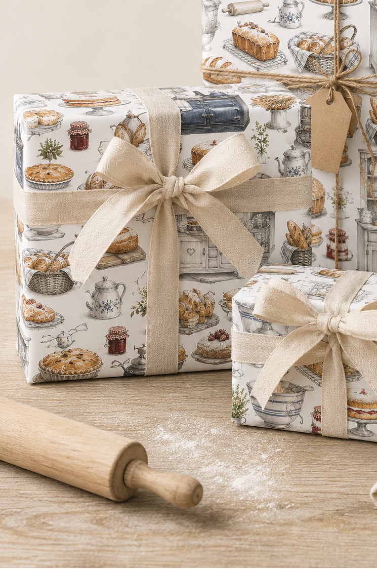 Rolled baker’s kitchen wrapping paper suitable for food lovers, bakers and homemade gifts.