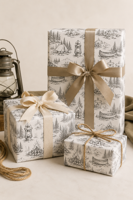 Rolled camping wrapping paper suitable for birthdays, Father’s Day, scouts and outdoor lovers.

