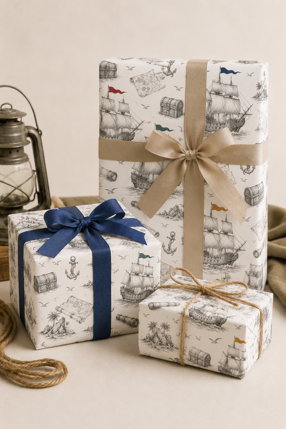 Rolled pirate ship wrapping paper posted in a tube, suitable for birthdays and nautical gifts.