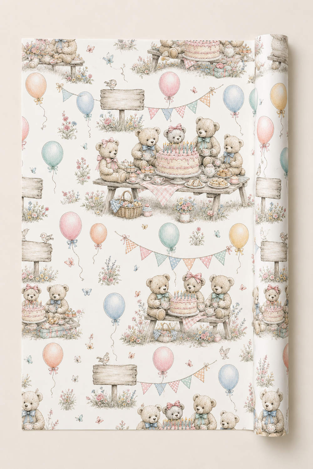Rolled teddy bear wrapping paper suitable for children’s birthdays, nursery gifts and party presents.