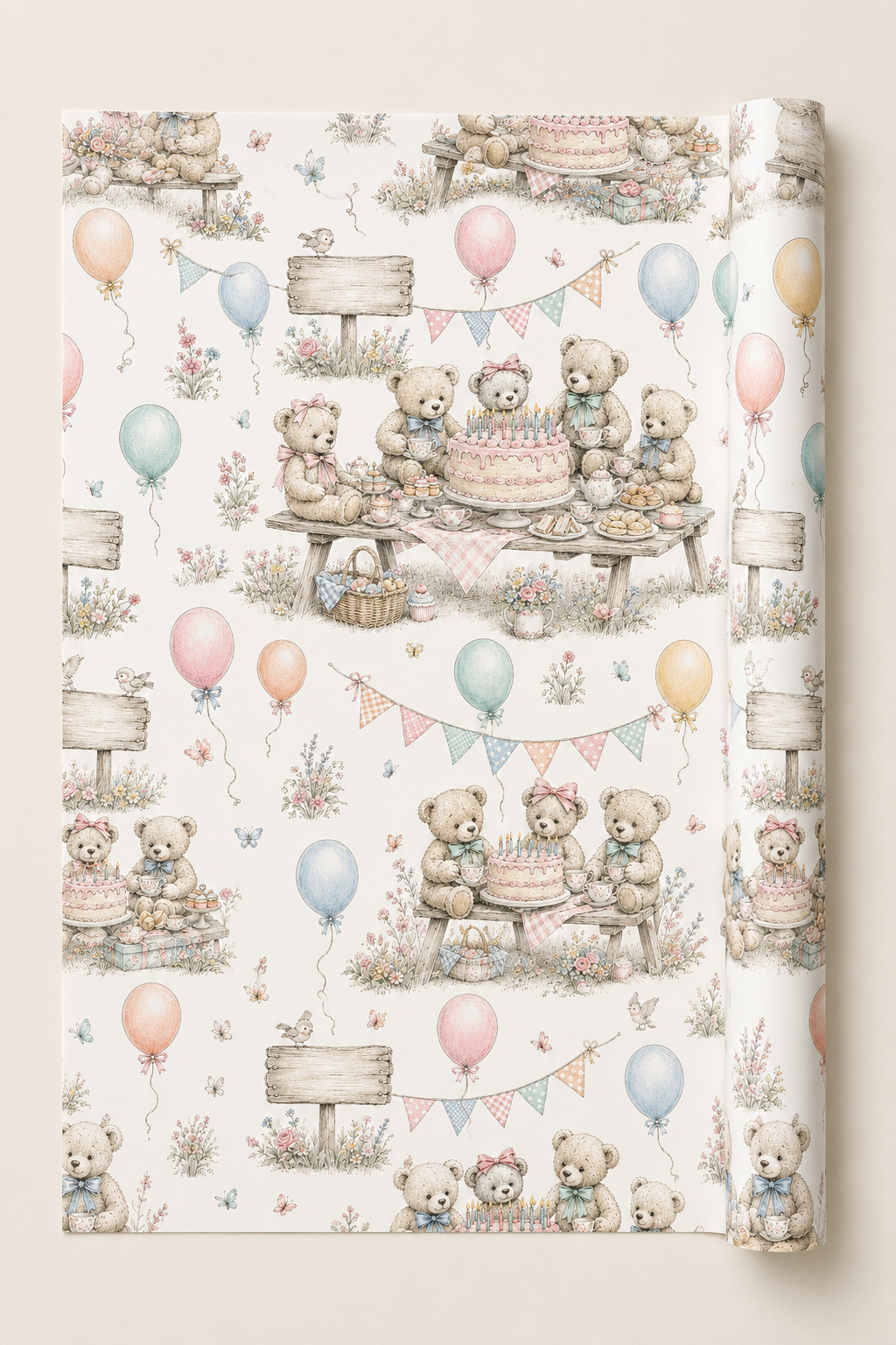 Rolled teddy bear wrapping paper suitable for children’s birthdays, nursery gifts and party presents.