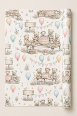 Rolled teddy bear wrapping paper suitable for children’s birthdays, nursery gifts and party presents.