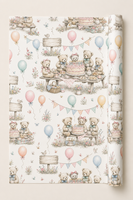 Rolled teddy bear wrapping paper suitable for children’s birthdays, nursery gifts and party presents.