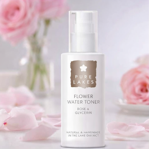  Pure Lakes Flower Water Toner with floral background.