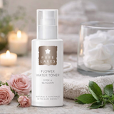 Pure Lakes Flower Water Toner with floral and candle background.