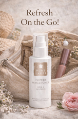 flower water toner pure lakes facial toner product with text on a soft, floral background.