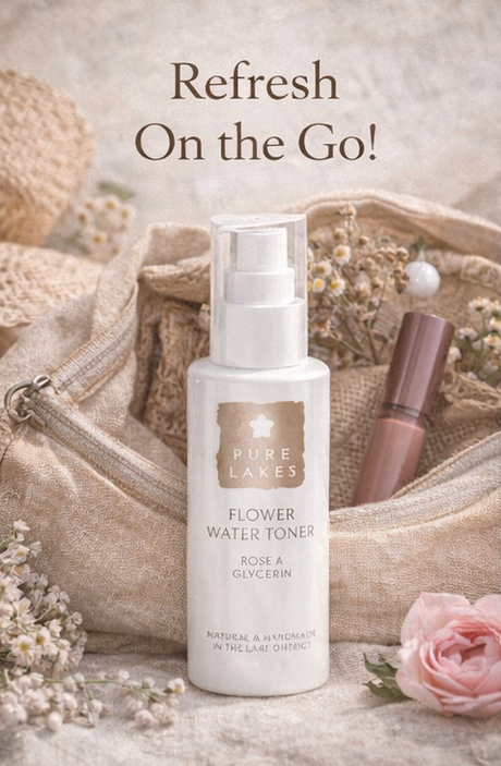 flower water toner pure lakes facial toner product with text on a soft, floral background.
