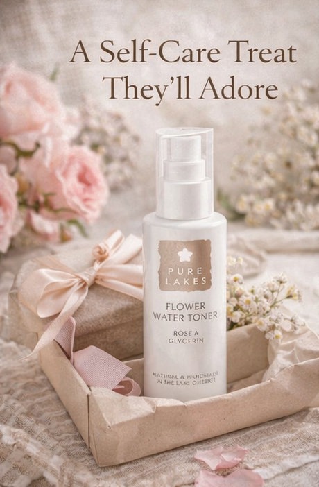 pure lakes facial toner product with text on a soft, floral background.