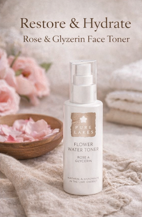 facial toner from pure lakes with text on a soft, floral background.