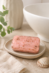 Pink Rose soap bar on a white plate with a shell and plant in the background