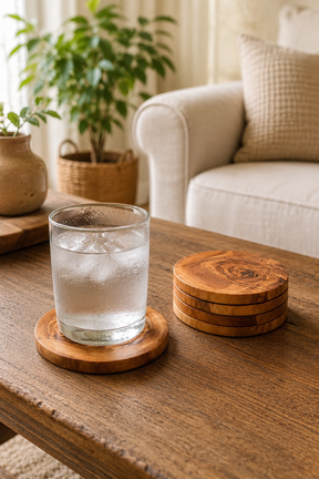 Glass of water with ice on a wooden coaster on a table with a cozy living room background.