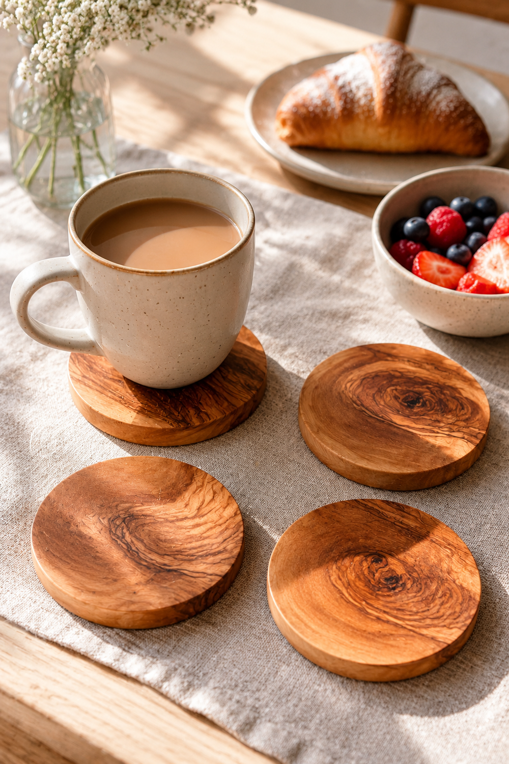 Wooden coasters on a table with a cup of coffee, croissant, and berries.