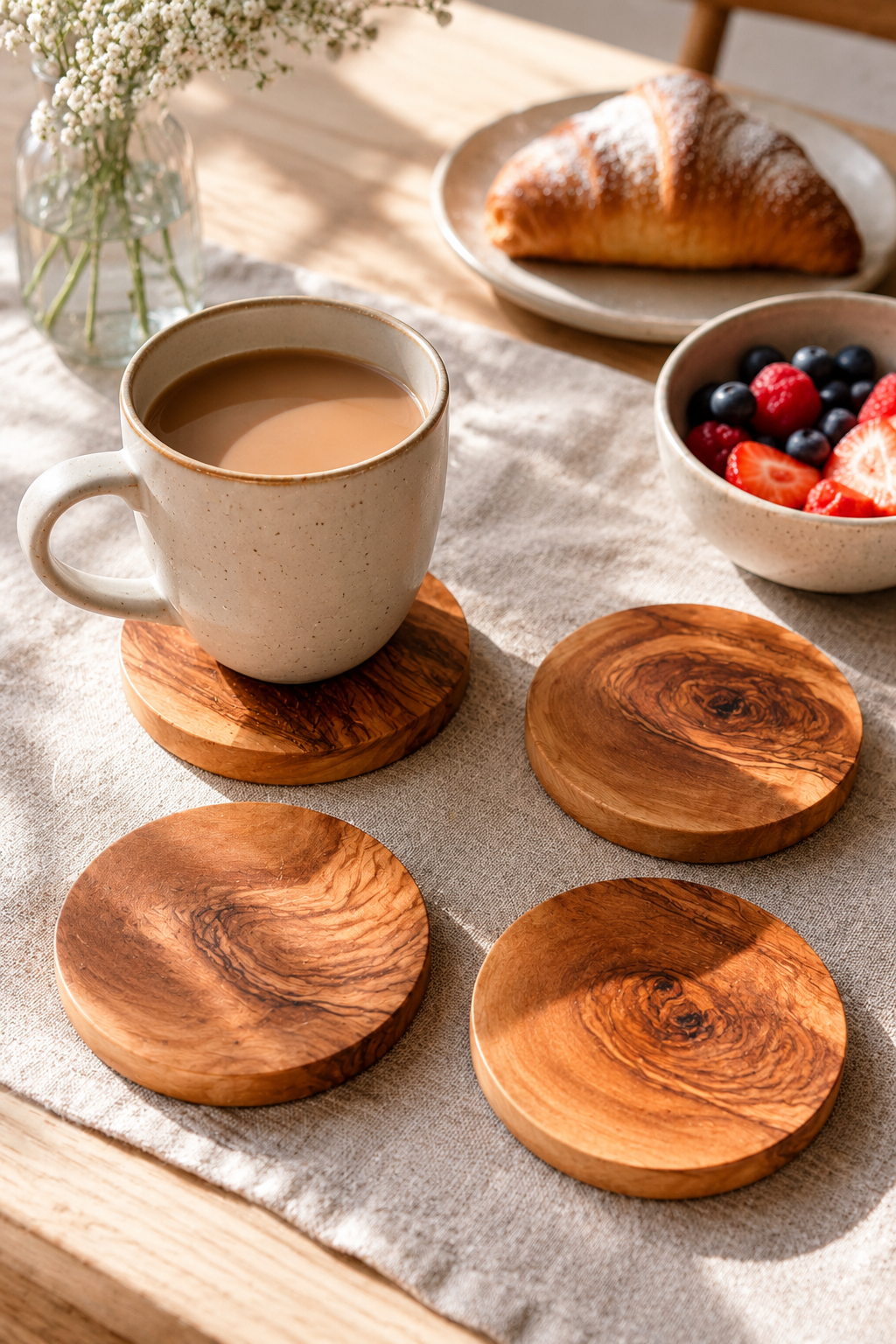 Wooden coasters on a table with a cup of coffee, croissant, and berries.