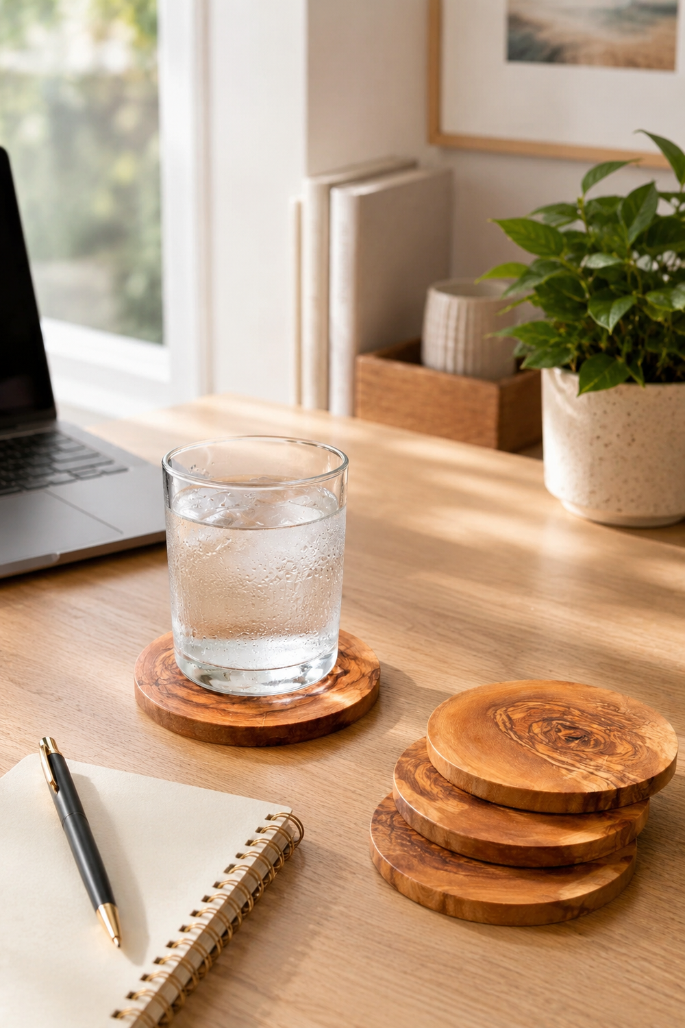 Wooden coasters on a desk with a glass of water, laptop, and plant.