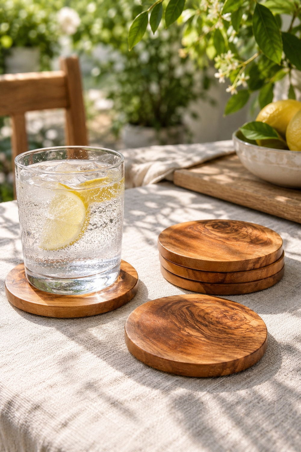 Glass of water with lemon slices on wooden coasters outdoors. Round Olive Wood Coasters – Set of 2
