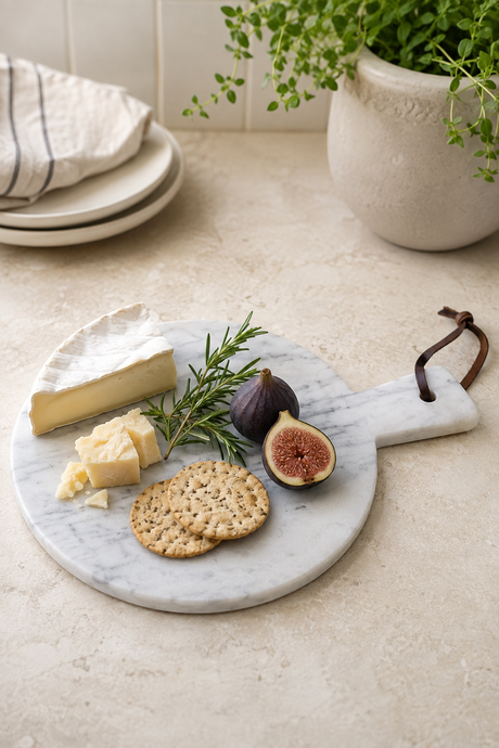 A round white marble cheese board with a dark brown leather handle, styled with cheese, crackers, figs, and herbs on a beige stone surface.