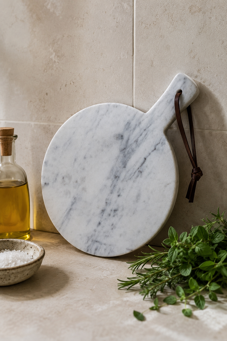 Round white marble serving board with gray veining and a dark brown leather handle loop, leaning against a beige tiled wall with herbs and a glass bottle nearby.