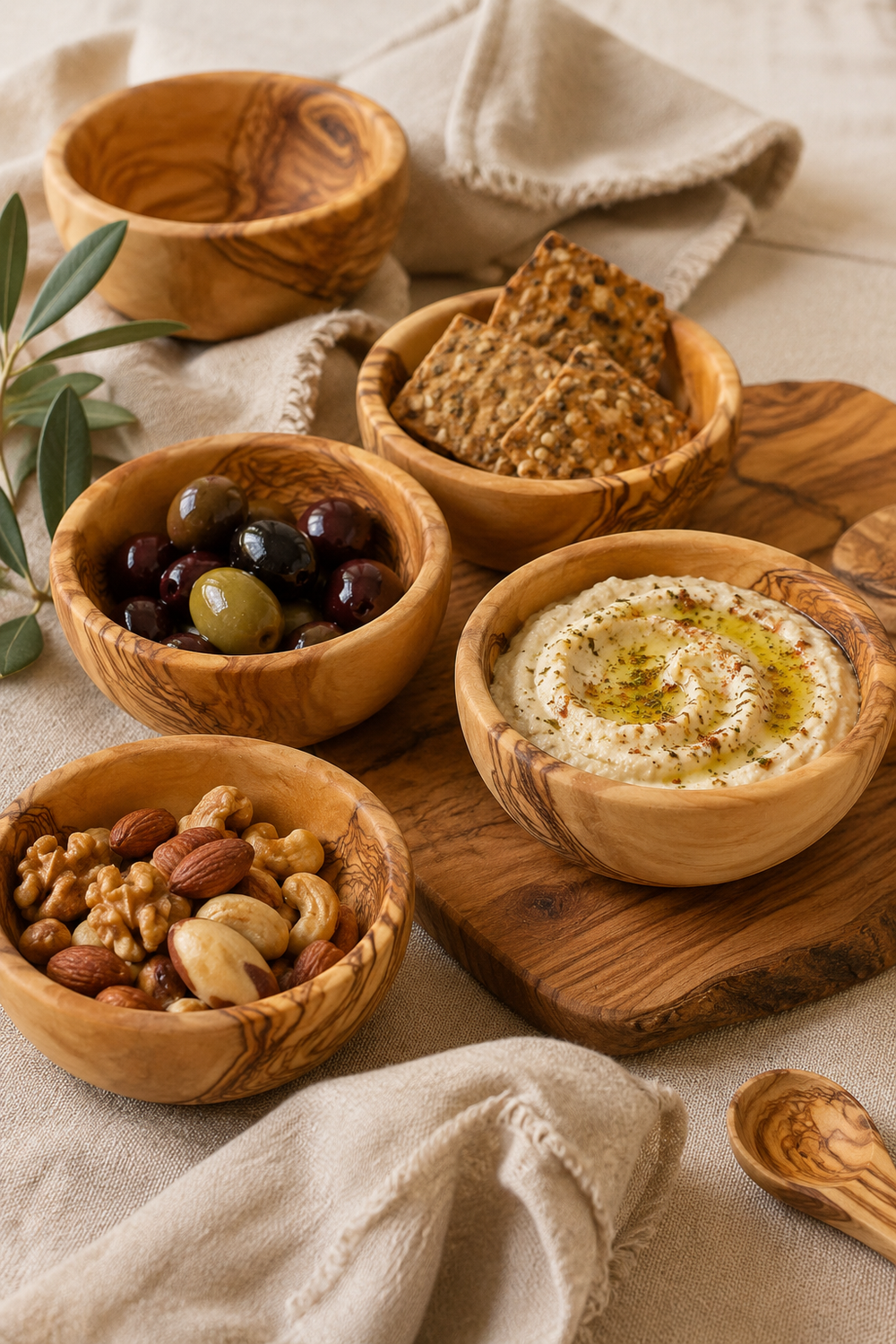 Round olive wood tapas bowl for olives and nuts