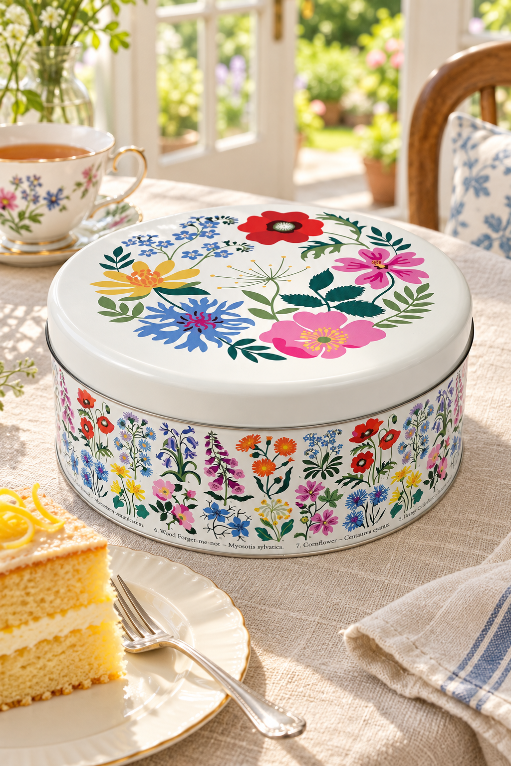 A round floral tin cake box with a powdered sponge cake and jam filling, shown on a  table in a bright kitchen 