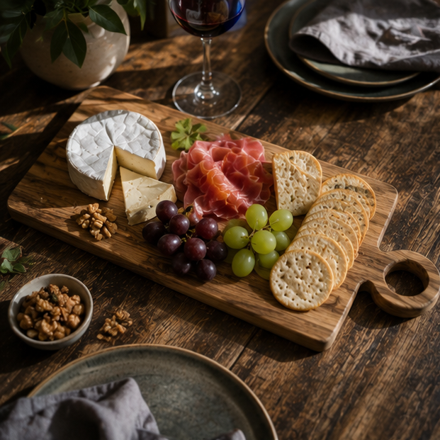 Wooden cutting board with assorted cheeses, meats, and crackers on a wooden table.