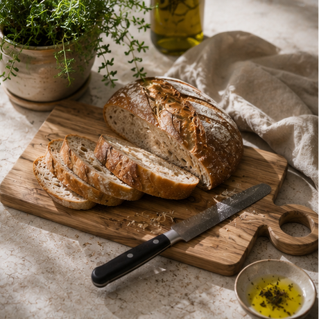 Sliced bread on a wooden cutting board with a knife, next to a plant and a bowl of oil.