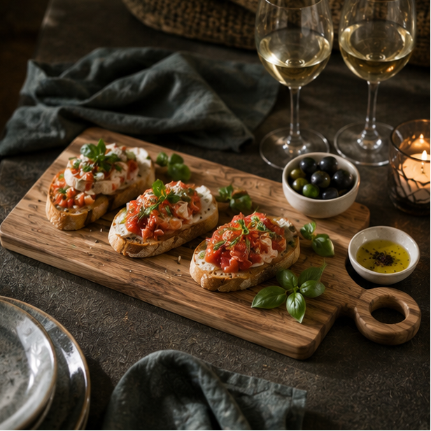Wooden cutting board with bruschetta, olives, and wine glasses on a dark surface.